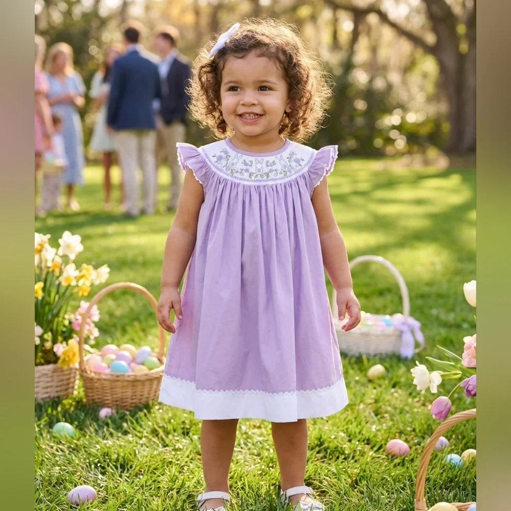 Lil Cactus Purple Easter Bunny Smocked Dress Sz 2T